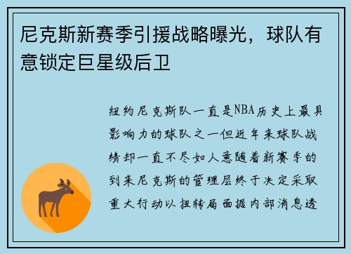 尼克斯新赛季引援战略曝光，球队有意锁定巨星级后卫