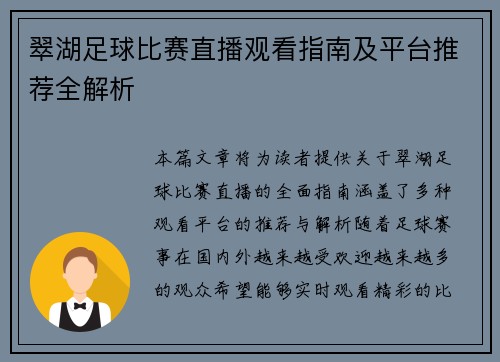 翠湖足球比赛直播观看指南及平台推荐全解析